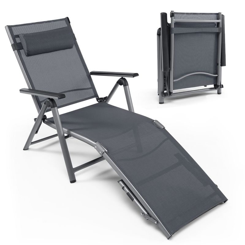 Costway Patio Folding Aluminum Lounge Chair Chaise Adjustable Back Armrest Headrest, 2 of 10