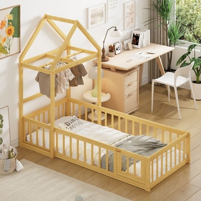 NicBex Twin/Full Size Kids Montessori Bed with Detachable House Shape Headboard,Floor Bed with Kids Dress Up Rack and Fence,Toddler bed for Bedroom