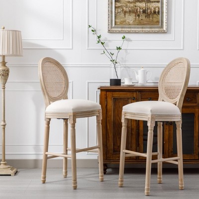 Solid Wood French Country Bar Stools Set of 2 with Upholstered Seating and Rattan Back for Kitchen or Bar Counter