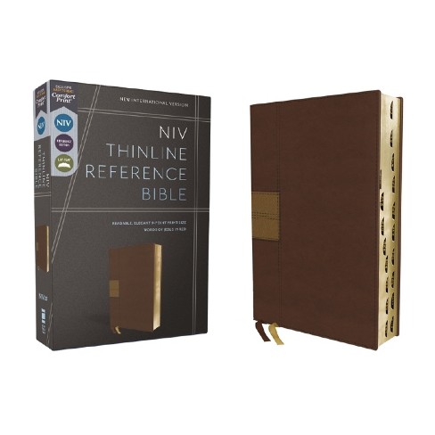 Niv, Thinline Reference Bible (Deep Study at a Portable Size), Leathersoft, Brown, Red Letter, Thumb Indexed, Comfort Print - by  Zondervan - image 1 of 1