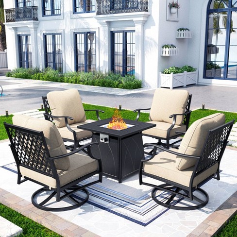 Captiva Designs 5pc Xl Metal Outdoor Set Swivel Grid Back Chairs With Fire Pit Beige Target