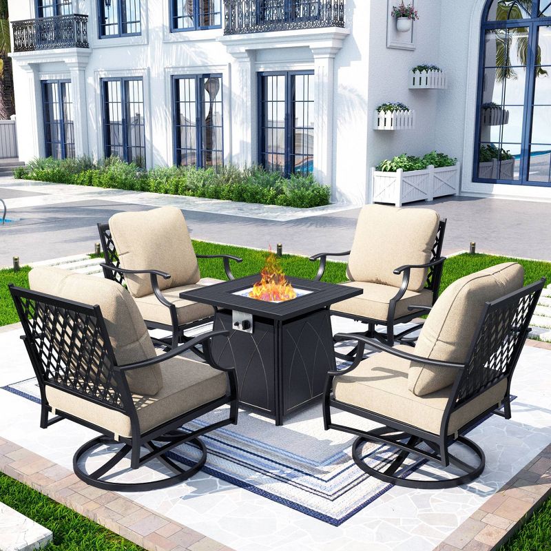 Captiva Designs 5pc XL Metal Outdoor Set Swivel Grid- Back Chairs with Fire Pit Beige, 1 of 11