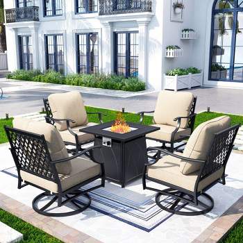 Captiva Designs 5pc XL Metal Outdoor Set Swivel Grid- Back Chairs with Fire Pit Beige