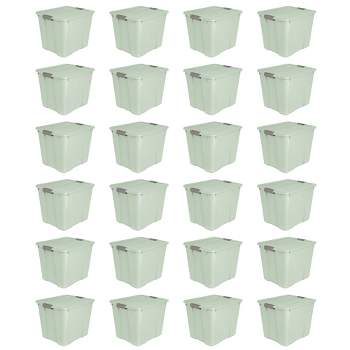 Sterilite 20 Gallon Latch Tote Home or Office Storage Organizer Container Stackable Plastic Bins with In Molded Handles, Mindful Mint, 24-Pack