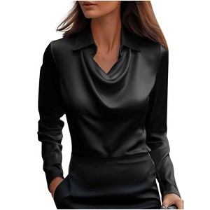 Women's Minimalist Draped Collar Shirt, Elegant Long Sleeve Satin Blouse for Office & Formal Wear - 1 of 4