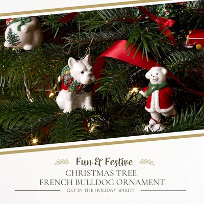 Festive French Bulldog Porcelain Christmas Ornament with Red Bow