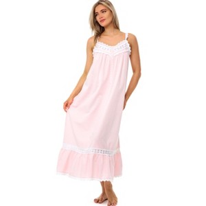 ADR Women's Cotton Nightgown, Cecilia Sleeveless Lace Trim Button Up Long Vintage Night Dress Gown - 1 of 4