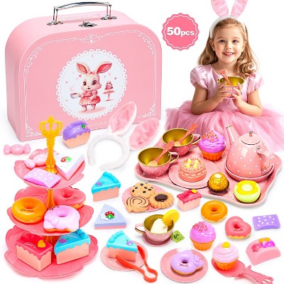 Skirfy Tea Party Set for Girls, 50PCS Tin Pretend Toy with Kitchen Play Set Accessories, Hair Hoop & Carrying Case, Gift for Ages 3-6, Pink