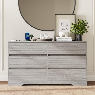 6 Drawer Wide Dresser with Charging Station for Bedroom, Living Room, Entryway, Ash Grey