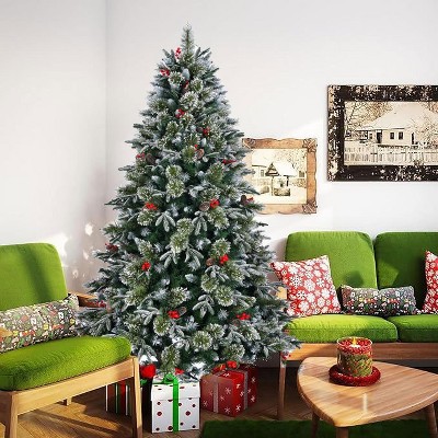 Whisen 8FT Artificial Christmas Tree with 1550 Tips Pinecones & Berries, Metal Stand - Green
