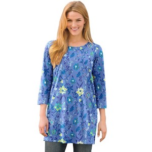 Woman Within Plus Size Perfect Printed Three-Quarter-Sleeve Scoopneck Tunic - 1 of 4