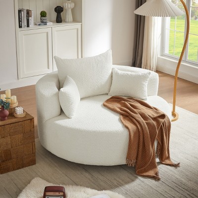 1pc Oversized Swivel Lounge Chair, Chenille Upholstered Barrel Seat with Removable Pillows, No Legs Needed - Coolbibila
