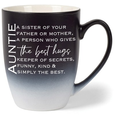 Auntie: Sister Of Your Far Or Mor, Gives Best Hugs, Keeper Of Secrets, Funny, Kind, Simply Best Two Toned Matte Black White 12 ounce Ceramic Stoneware