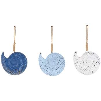 Olivia & May Set of 3 Wooden Shell Distressed Wall Decor with Jute Hanging Rope Blue