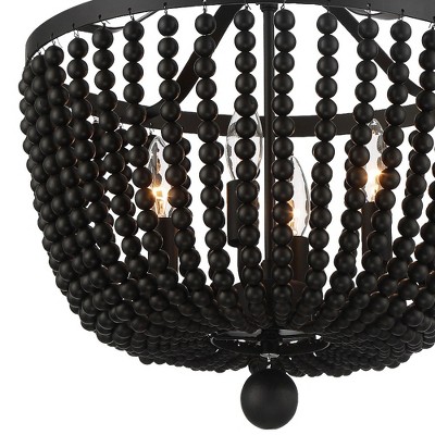 Mini Matte Black Crystal and Wood Bead 4-Light Chandelier