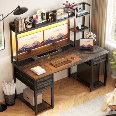 Aheaplus 47-55 inch Computer Desk with with 3 Drawers and Storage Shelves