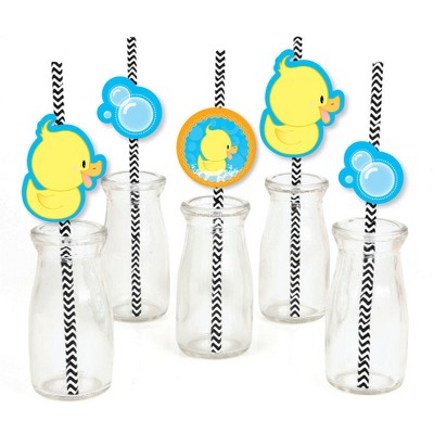 Big Dot of Happiness Ducky Duck Paper Straw Decor - Baby Shower or Birthday Party Striped Decorative Straws - Set of 24