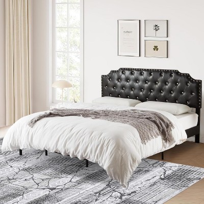 King Size Black Upholstered Platform Bed Frame with Headboard, Button Tufted, Wood Slats, No Box Spring Needed