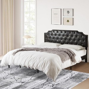 King Size Black Upholstered Platform Bed Frame with Headboard, Button Tufted, Wood Slats, No Box Spring Needed - 1 of 4