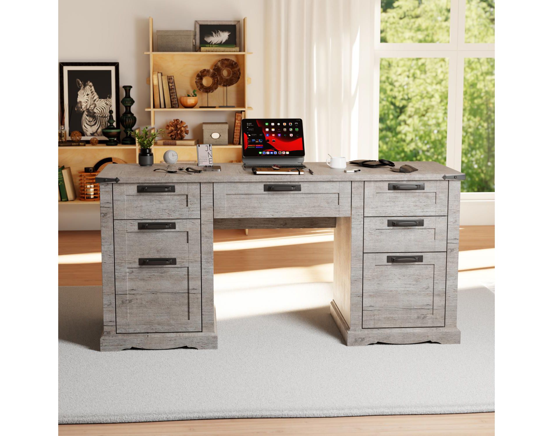 Executive Desk with Drawers, 60" Farmhouse Office Desk with Charging & File Drawer, Wood Home Writing Work Desk, Light Rustic Oak