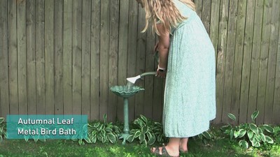 Green Patina Cast Aluminum Leaf Bird Bath with Metal Sculpture