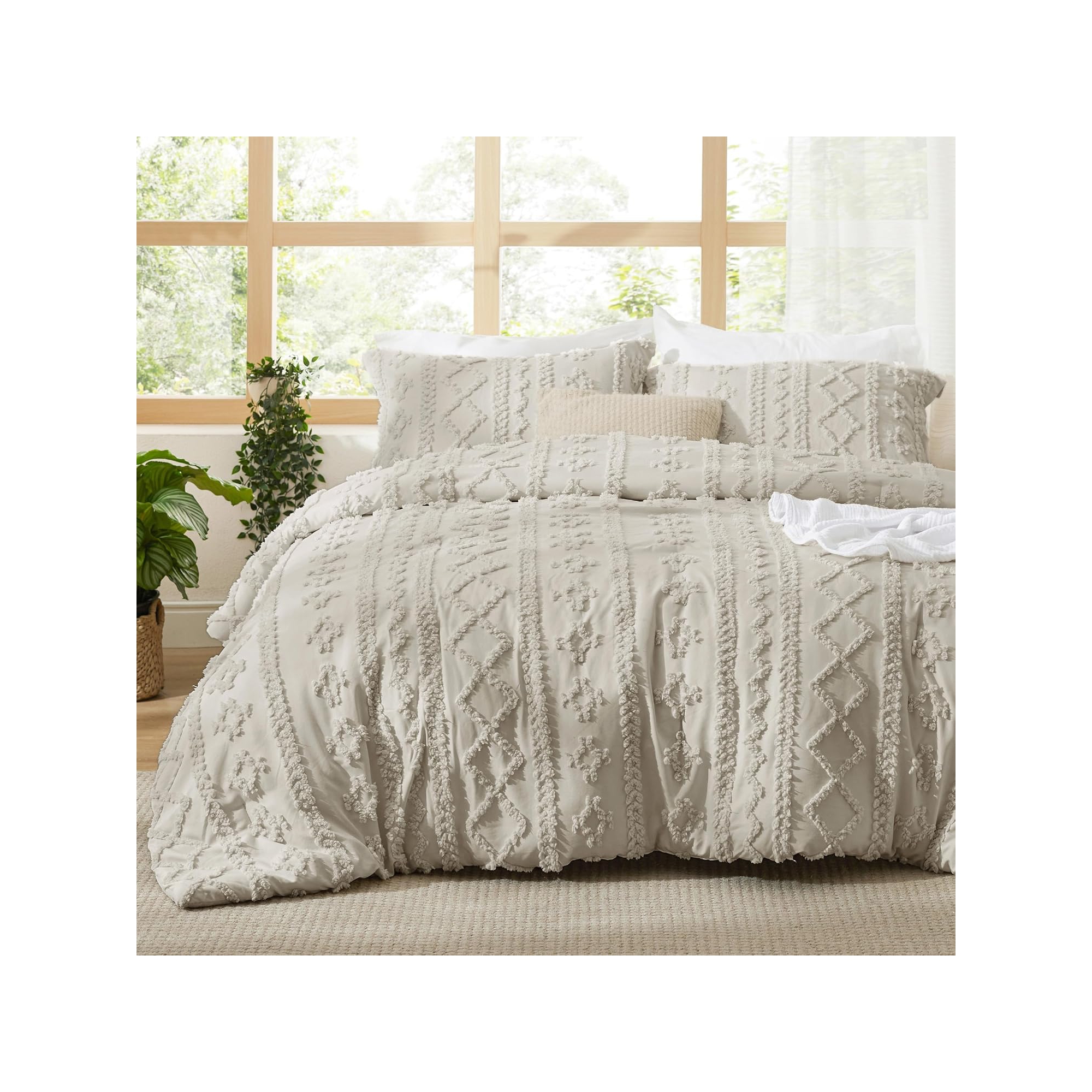 3Pcs Tufted Boho Farmhouse Shabby Chic Embroidery Linen King Size Comforter Set - Bedsure