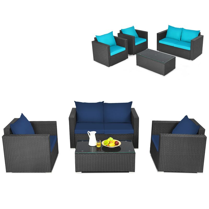 Costway 4PCS Patio Rattan Furniture Set Cushioned Sofa Loveseat with Navy & Turquoise Cover, 2 of 11