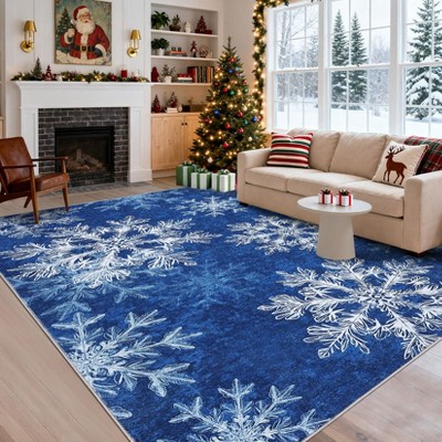 Christmas Rug Washable Rug for Living Room, Snowflake Printed Mats