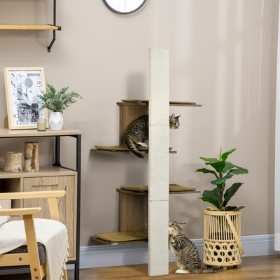 Wall-Mounted Brown Sisal Cat Tree with Cushions
