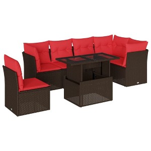 vidaXL Patio Sofa Set with Cushions Modular Outdoor Seating 7 Piece Poly Rattan - Brown - 1 of 4