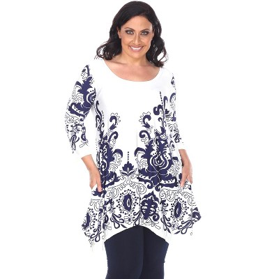 Women's Plus Size Scoop Neck Printed Yanette Tunic Top - White Mark