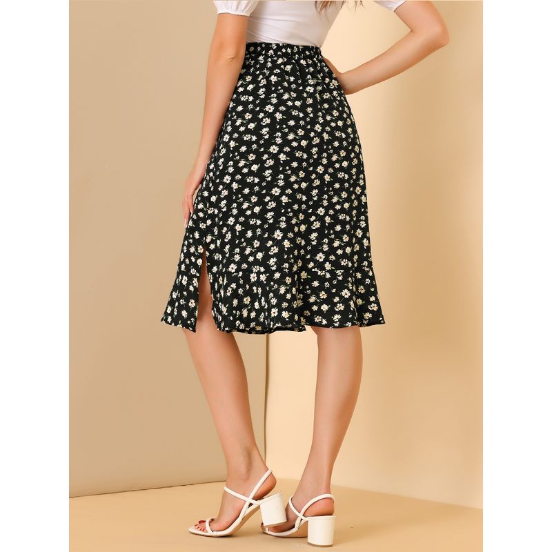 Allegra K Women's Floral Ruffle Elastic High Waist Button Flowy Split Midi Skirt, 5 of 7