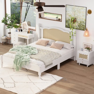 KTMBDW 3 Pieces Bedroom Set with Full/Queen Size Wooden Bed Frame, 1 Vintage Nightstand and 1 Makeup Vanity Set with Stool, White