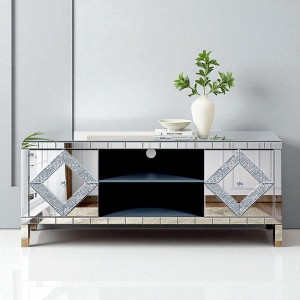 47 Inch Mirror TV Media Console with Diamond Glass Doors, Dual Door Design and Open Storage Space, Compatible with 50-Inch TVs - 1 of 4