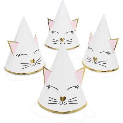 24-Pack Cat Party Cone Hats for Kitten Themed Kids Birthday Supplies and Decorations, White