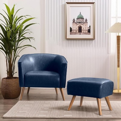 Accent Chair with Ottoman Modern Barrel Chair Footrest Mid Century Upholstered Armchair for Living Room Bedroom Office