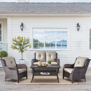 Buenhomino 4 Pieces Patio Conversation Set Outdoor Rattan Patio Furniture Set Wicker Chair with Thick Cushion and Glass Table for Patio Backyard Porch - 1 of 4