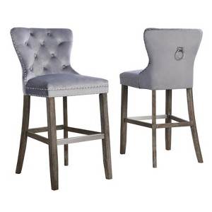 Rustic Gray Velvet Bar Stools with Chrome Handle and Footrest (Set of 2) - 1 of 4