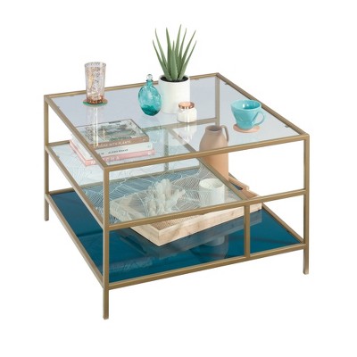 Satin Gold Square Coastal Glass Coffee Table with Abstract Shelves