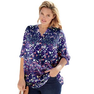 Woman Within Women's Plus Size Rayon 7-Day Three-Quarter Sleeve Tab-Front Tunic - 1 of 4