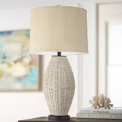 Marie 31" Tall Coastal White Rattan Table Lamp with Off-White Fabric Drum Shade