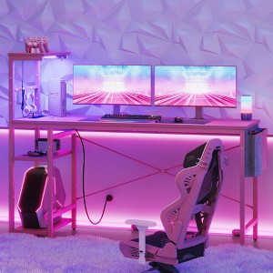 Bestier 61" Reversible Gaming Computer Desk with Power Outlet LED Desk with 4 Tier Shelves - 1 of 4