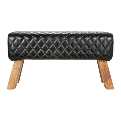 Black Stitched Genuine Leather Bench with Mango Wood Legs