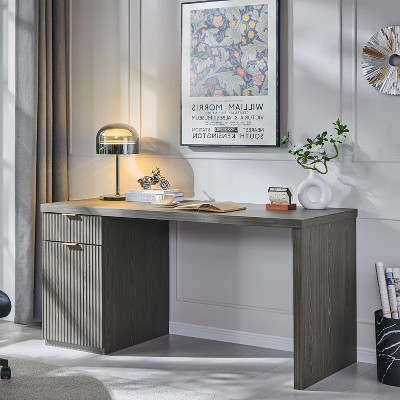 SinCiDo Modern 60" Executive Desk, Wood Home Office Desk with Drawer & Cabinet, Fluted Computer Writing Desk for Living Room, Bedroom