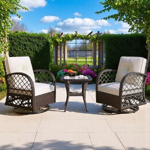 3-Piece Outdoor Chair & Table Set - 2-Person Rattan Seating Group with 360° Swivel Chairs and Glass-Topped Square Table for Patio, Garden, or Balcony - 1 of 4