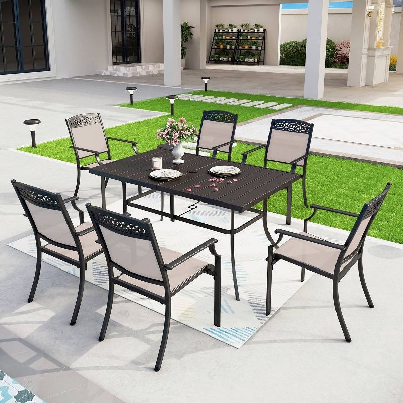 7pc Outdoor Dining Set with Sling Chairs &#38; Rectangle Metal Table with Umbrella Hole - Black - Captiva Designs, 1 of 15