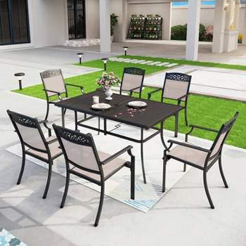 7pc Outdoor Dining Set with Sling Chairs & Rectangle Metal Table with Umbrella Hole - Black - Captiva Designs