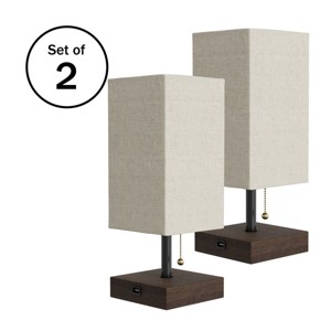 Small Table Lamp Set with Wood Base – Set of 2 Modern Rectangle Lights with LED Bulb IncludeDecor Living Room, Bedroom, or Home Office by Lavish Home - 1 of 4