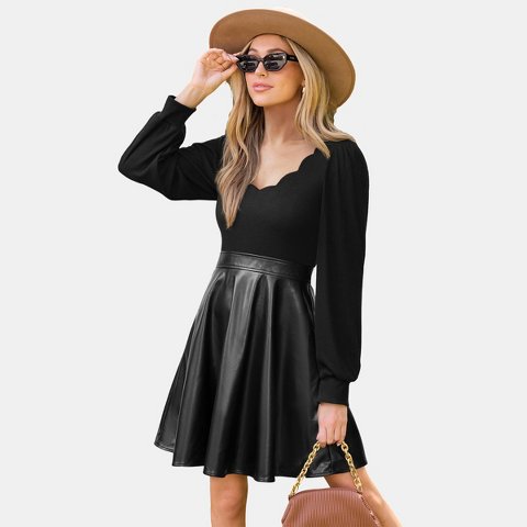 Женские платья Cupshe Women's Elegant Faux Leather Sweetheart Dress with Knit Top-M-Black