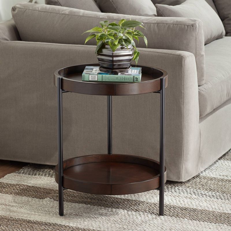 55 Downing Street Taos Industrial Metal Wood Round Accent Side End Table 20 1/4" Wide Bronze Walnut Tray Tabletop Shelf for Living Room Bedroom House, 2 of 10